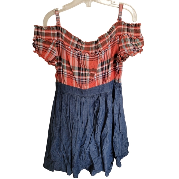 a. YiLian Country Plaid Denim Off The Shoulder Strappy Dress Size Large - Picture 2 of 10
